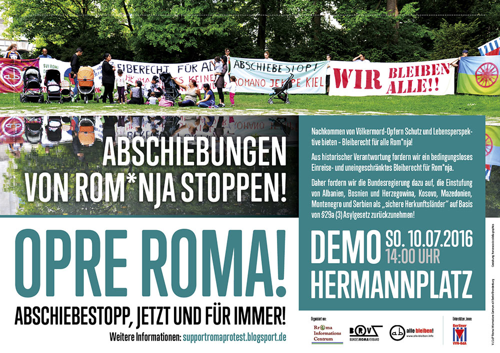 Poster for a demonstration against deportation of Sinti and Roma people from Germany on 10th of July, 2PM Berlin Hermannplatz
