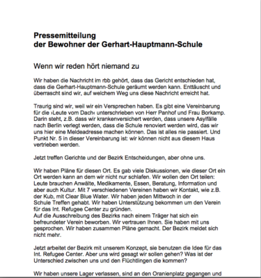 Bild der Presseerklärung der Leute aus der Schule 